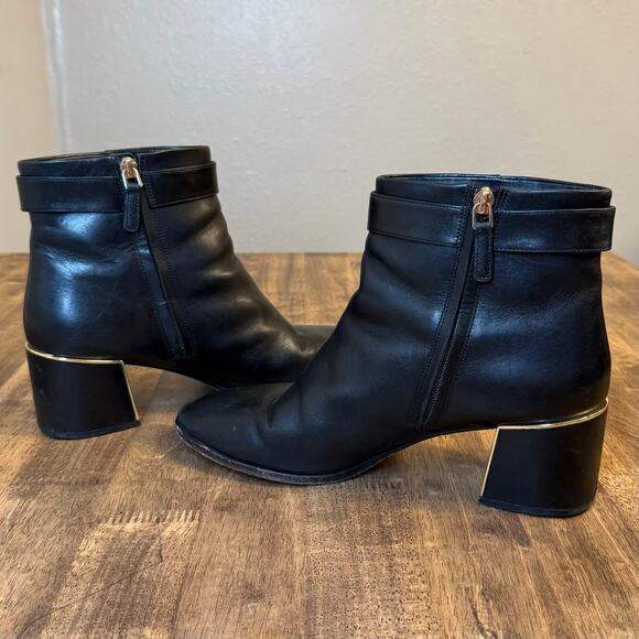 Tory Burch Sophia Ankle Boots Leather Heel Gold Logo Buckle Black Size 10.5 - Picture 6 of 12